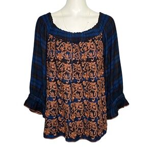 Sister Mary Plaid Embroidered Peasant Top Women's Size XL Blue Brown Bohemian